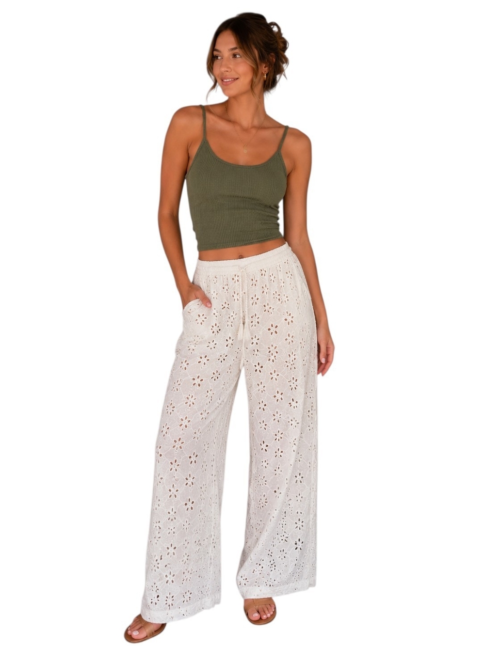 Kiwi + Punch White Eyelet Wide Leg Pants Size S NWT